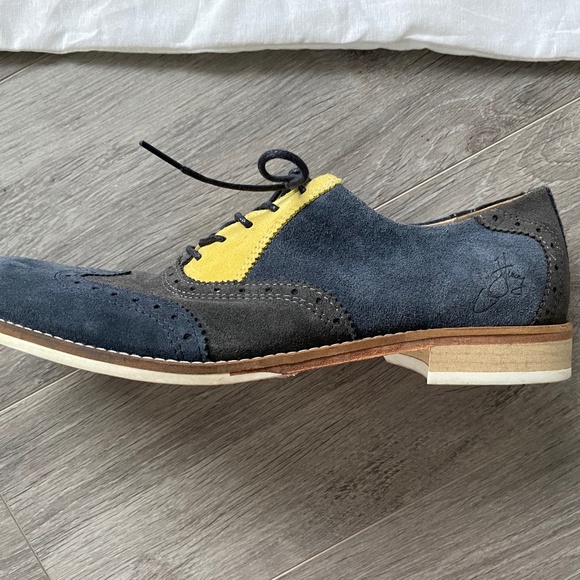 John Fluevog tri-colour (yellow, grey, blue) suede shoes - Picture 4 of 7